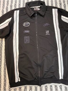 Vintage Koman Sport Streetwear Track Jacket Mens 2XL Black Embroidered Patch Y2K